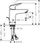Ein Hansgrohe Einhebel-Waschtischmischer mit schwenkbarem Auslauf, zugstangenbasiertem Ablauf und dimensionsbezogenen technischen Zeichnungen.